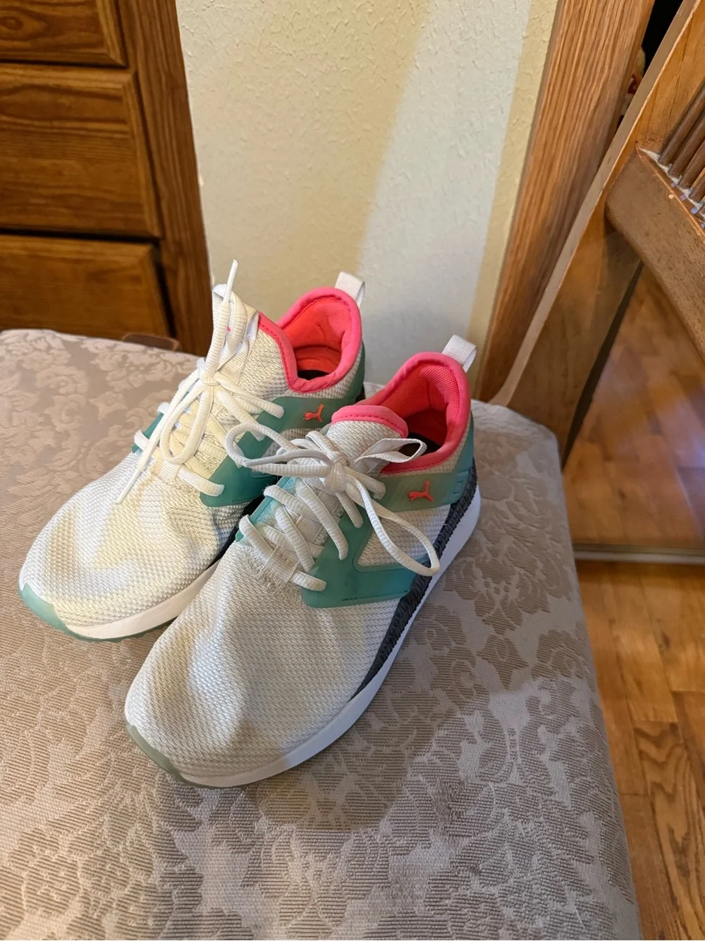 Puma White Sneakers with Mint Cage and Coral Pink Lining